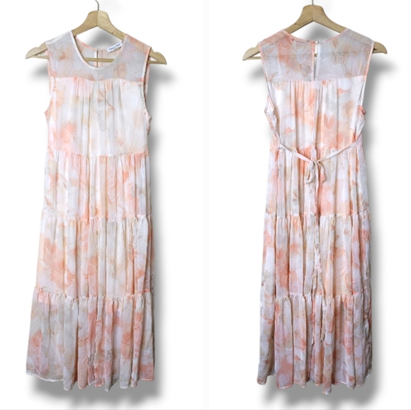 Calvin Klein Dresses & Skirts - Calvin Klein Peach Floral Chiffon Midi Dress Soft Girl Tie Waist Tiered Size 2